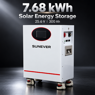 SUNEVER 7.68kWh 25.6V 300Ah LiFePO4 Lithium Zonnebatterij voor Energieopslag Thuis en Off-Grid Back-up Voeding