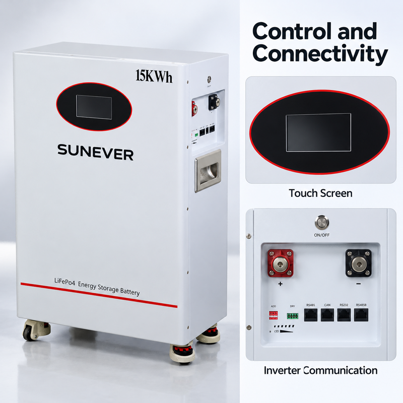 SUNEVER TD-15 51.2V 300Ah LiFePO4 Zonne-energie Opslag Batterij 15.36kWh 200A CAN RS485 Vloerstaand
