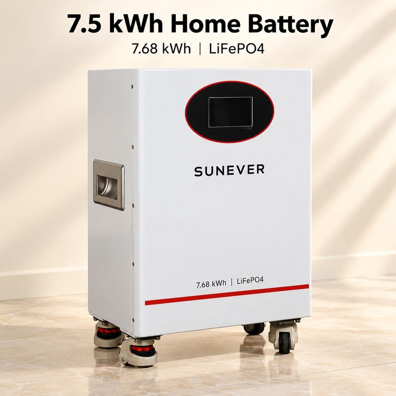 SUNEVER 7.68kWh 25.6V 300Ah LiFePO4 Lithium Zonnebatterij voor Energieopslag Thuis en Off-Grid Back-up Voeding